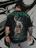 OverPower Strength Wear black oversized t-shirt worn, back view: Hercules raising the broken horn above a bull, green lightning, gothic OverPower lettering