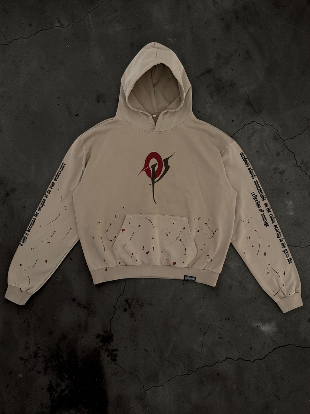 OverPower Strength Wear beige oversized French Terry cotton hoodie with graphic print and splatter detail.