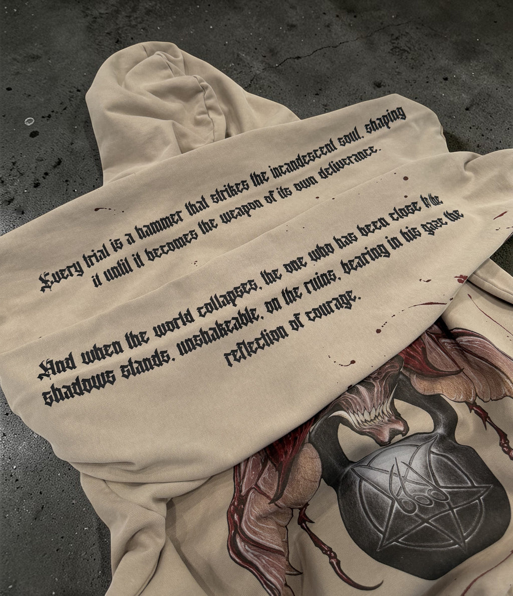 OverPower Strength Wear beige 100% French Terry cotton oversized hoodie with graphic print and text on sleeves.