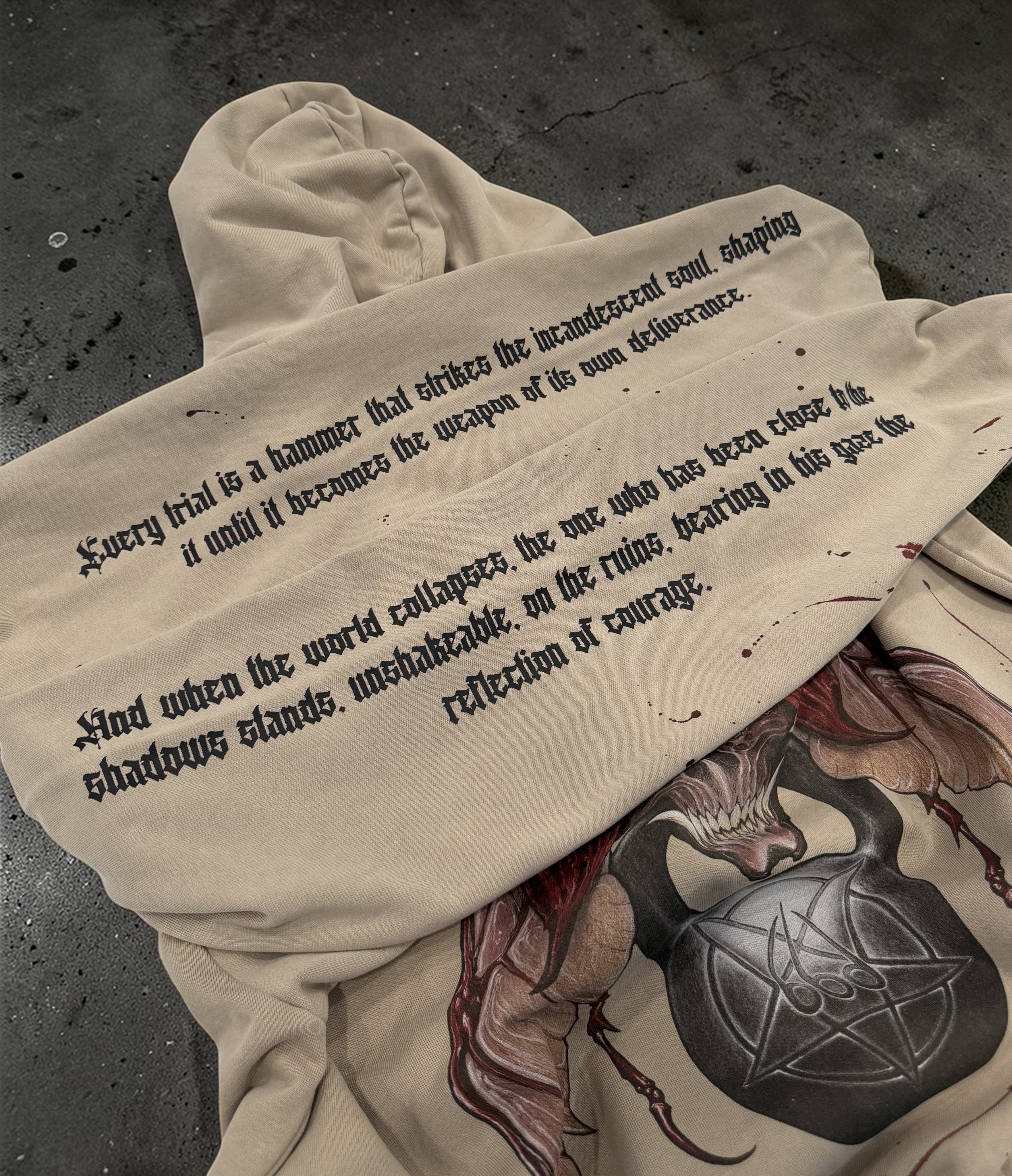OverPower Strength Wear beige 100% French Terry cotton oversized hoodie with graphic print and text on sleeves.