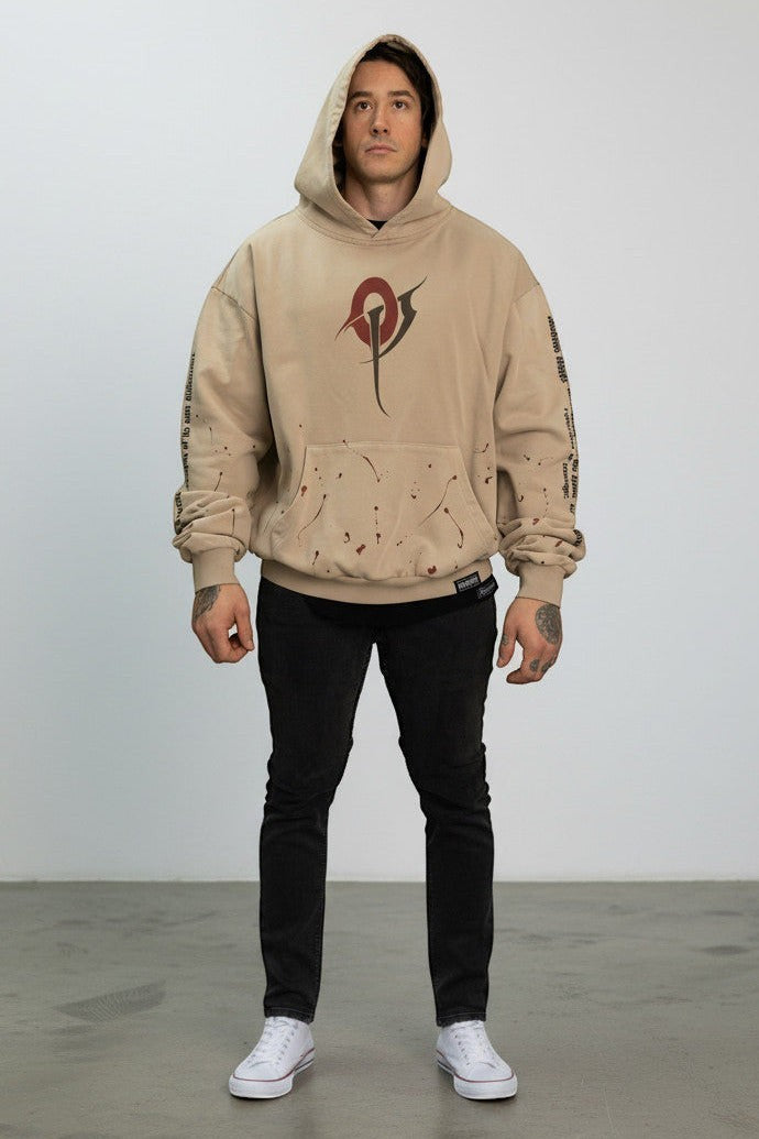 OverPower Strength Wear beige oversized 100% French Terry cotton hoodie with graphic print and splatter detail.