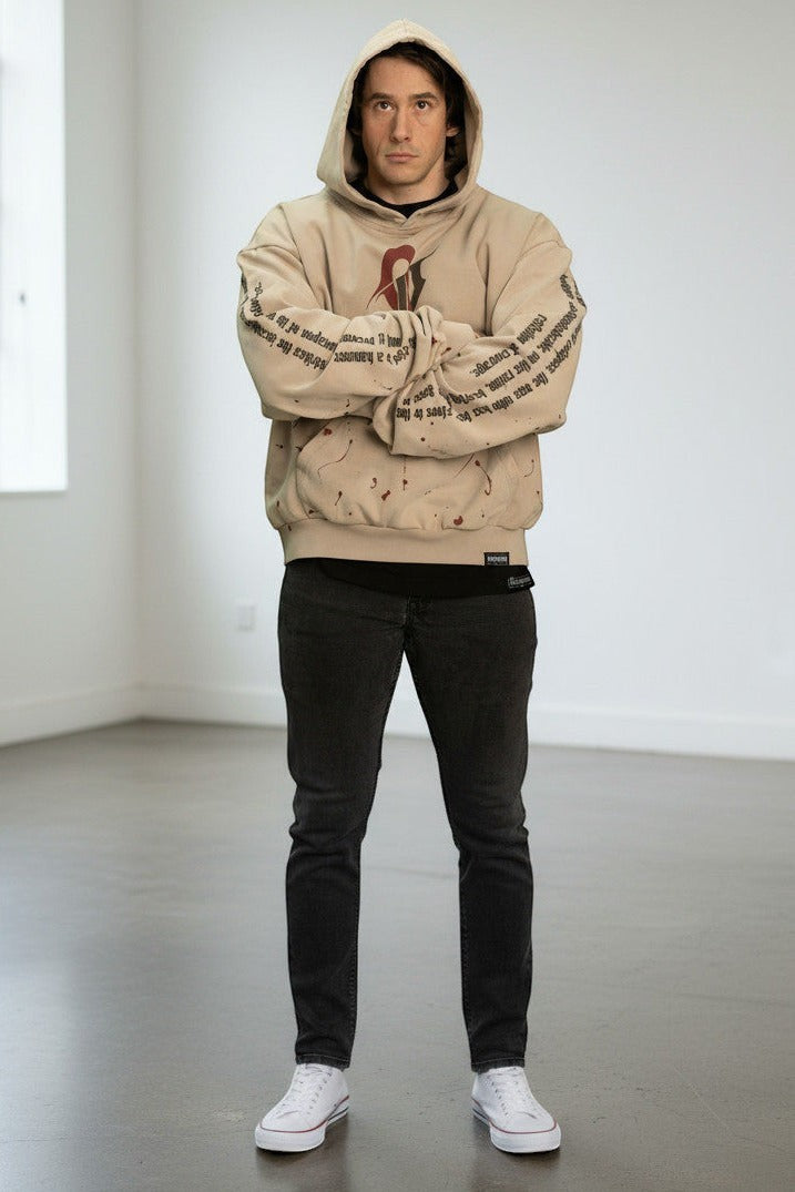 OverPower Strength Wear beige 100% French Terry cotton oversized hoodie with graphic print on chest and sleeves.