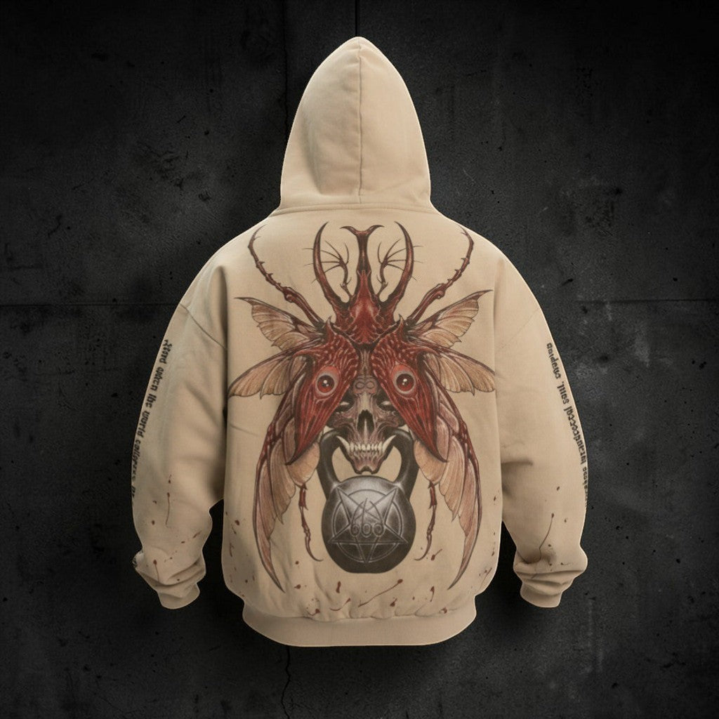 OverPower Strength Wear beige 100% French Terry cotton oversized hoodie with a large graphic of a red beetle, skull, and kettlebell on the back.