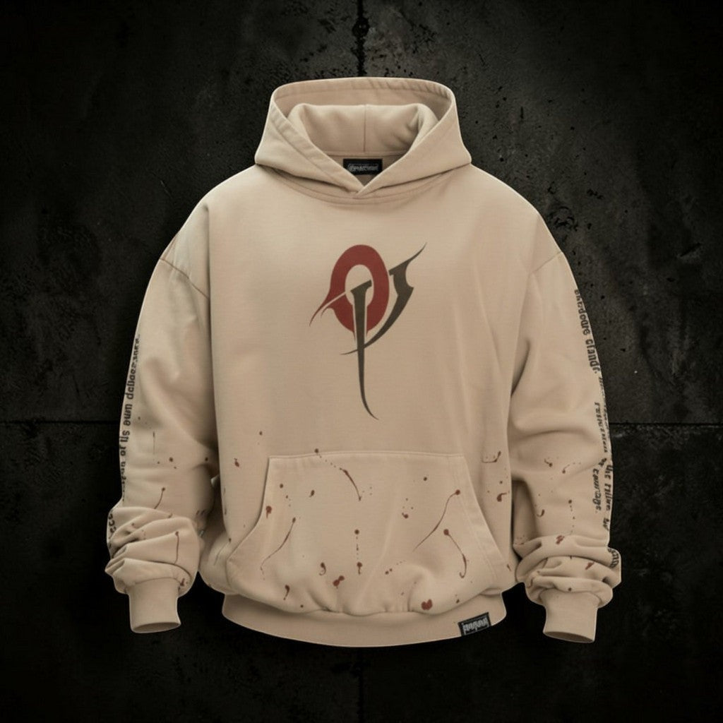 OverPower Strength Wear beige 100% French Terry cotton oversized hoodie with graphic logo and splatter detail.
