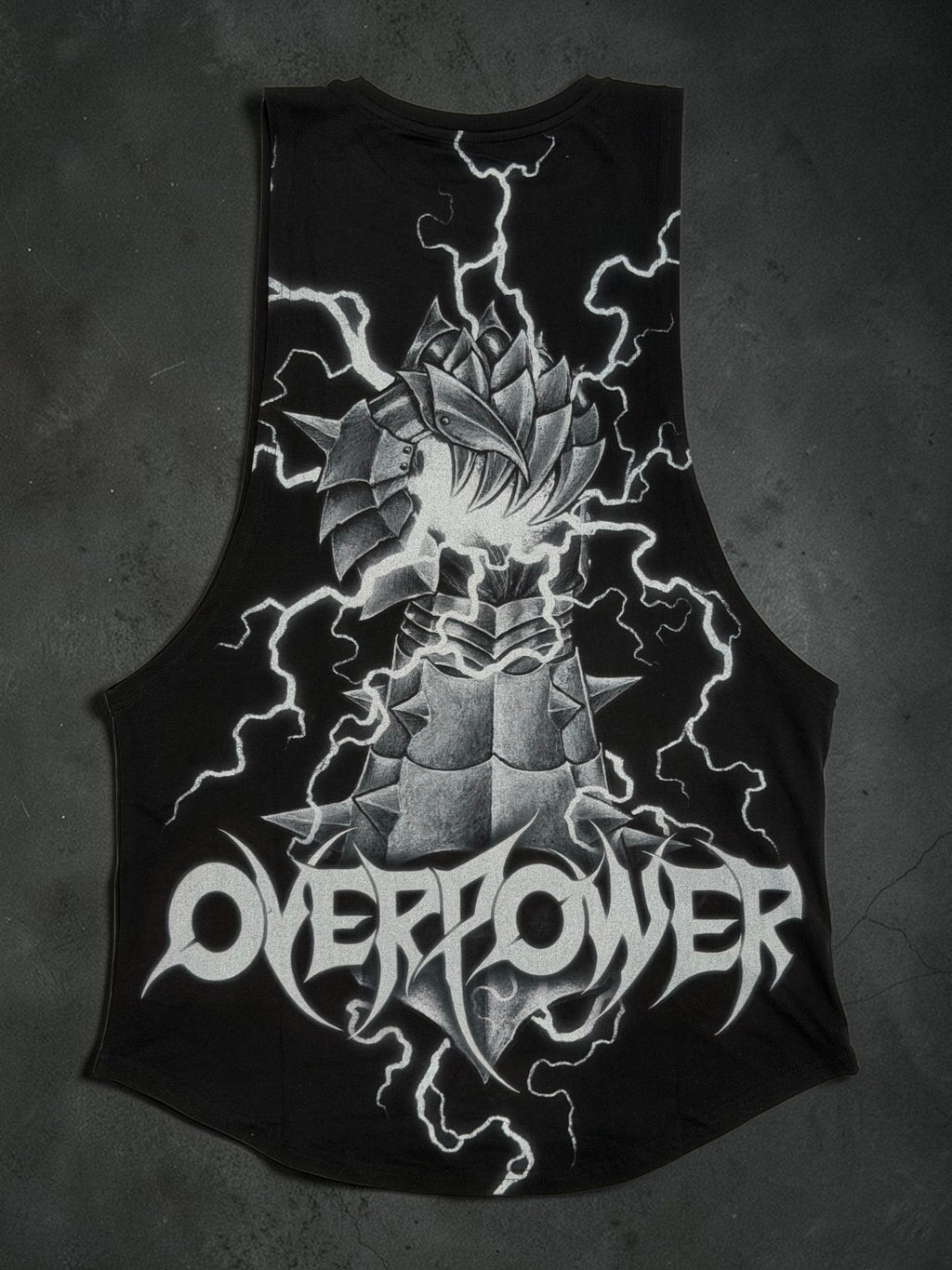 OverPower Strength Wear black athletic cut tank top with a graphic of a spiked armored gauntlet and lightning.