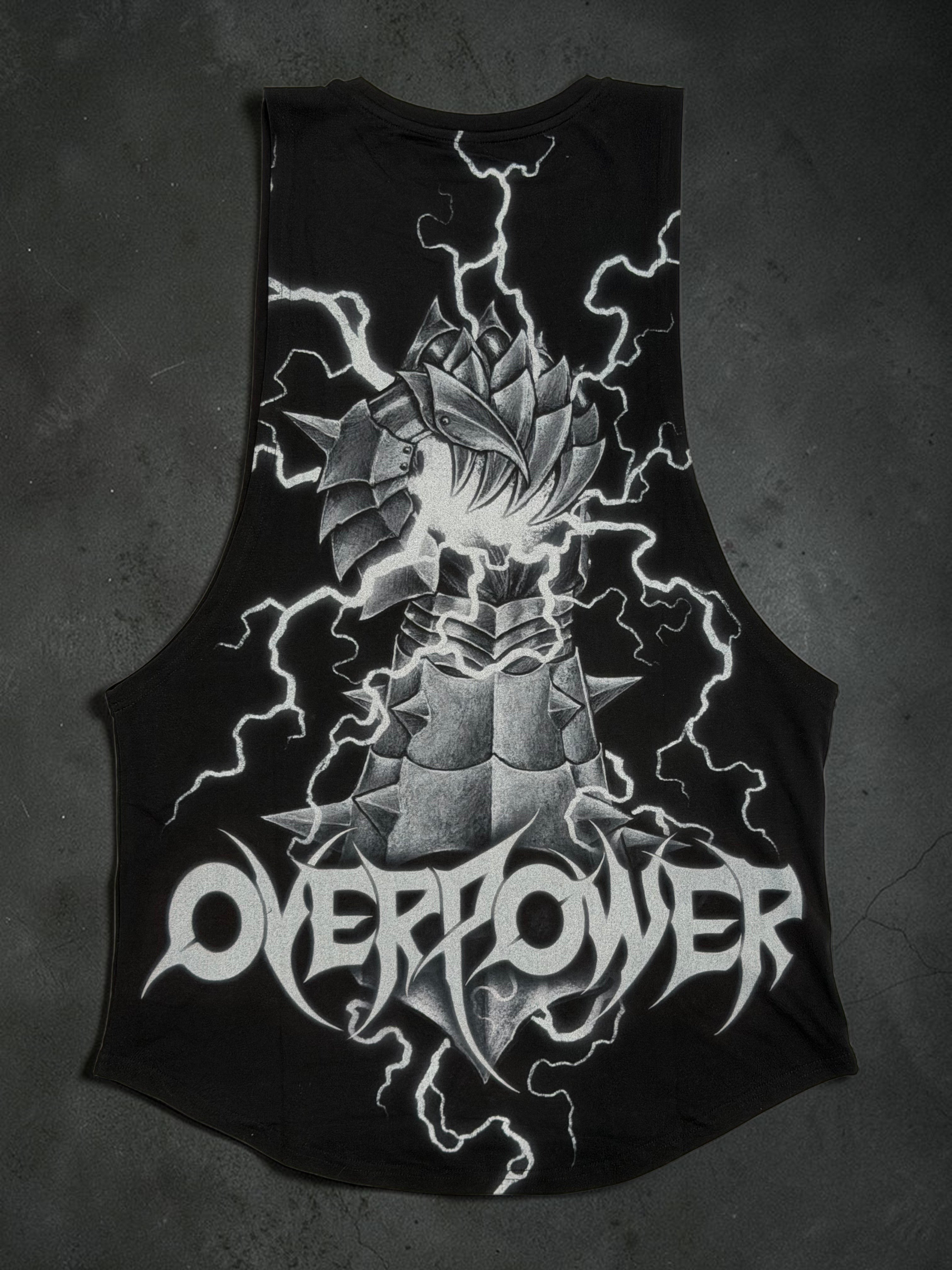 OverPower Strength Wear black athletic cut tank top with a graphic of a spiked armored gauntlet and lightning.