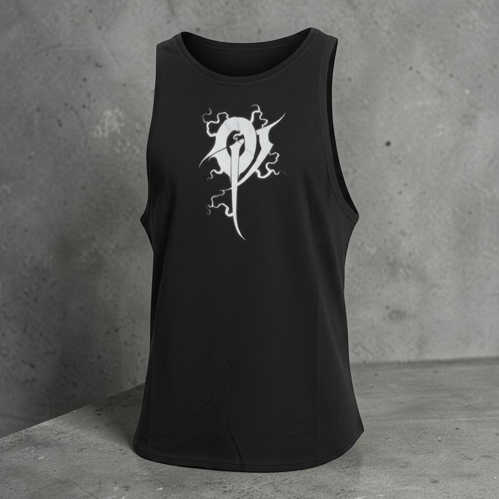 OverPower Strength Wear black athletic cut tank top with white armored gauntlet graphic. Ideal for powerlifting and gym training.