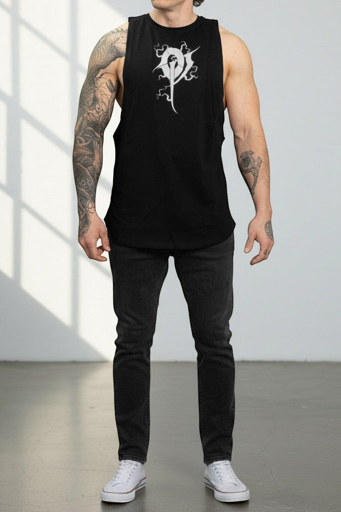 OverPower Strength Wear black athletic cut tank top with white armored gauntlet graphic on chest.