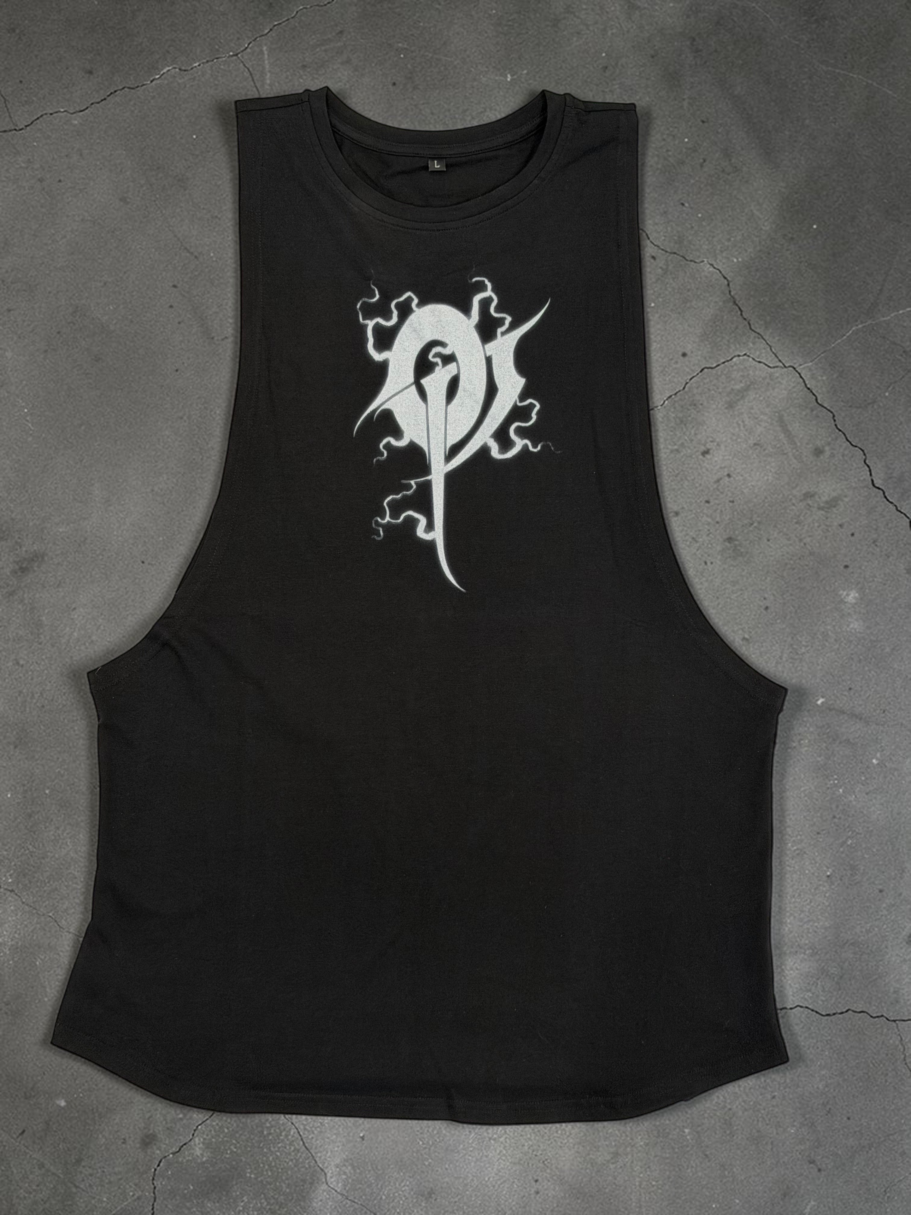 OverPower Strength Wear black athletic cut tank top with a silver armored gauntlet graphic. Ideal for powerlifting and gym training.