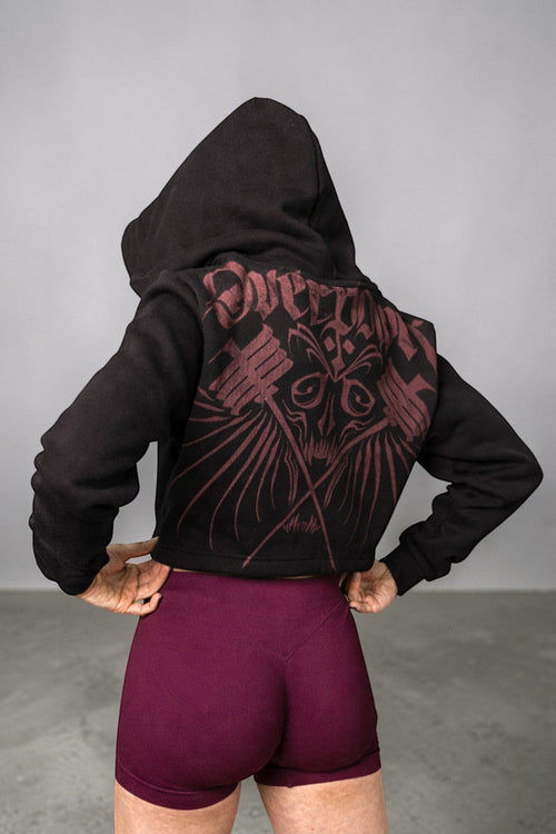 OverPower Strength Wear black cotton fleece crop zip-up hoodie with graphic print on back. Ideal for gym.