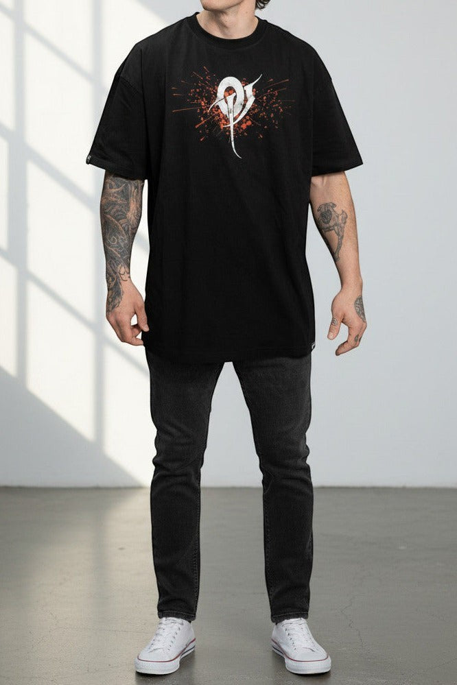 OverPower Strength Wear black oversized cotton blend t-shirt with white and orange graphic print on chest.