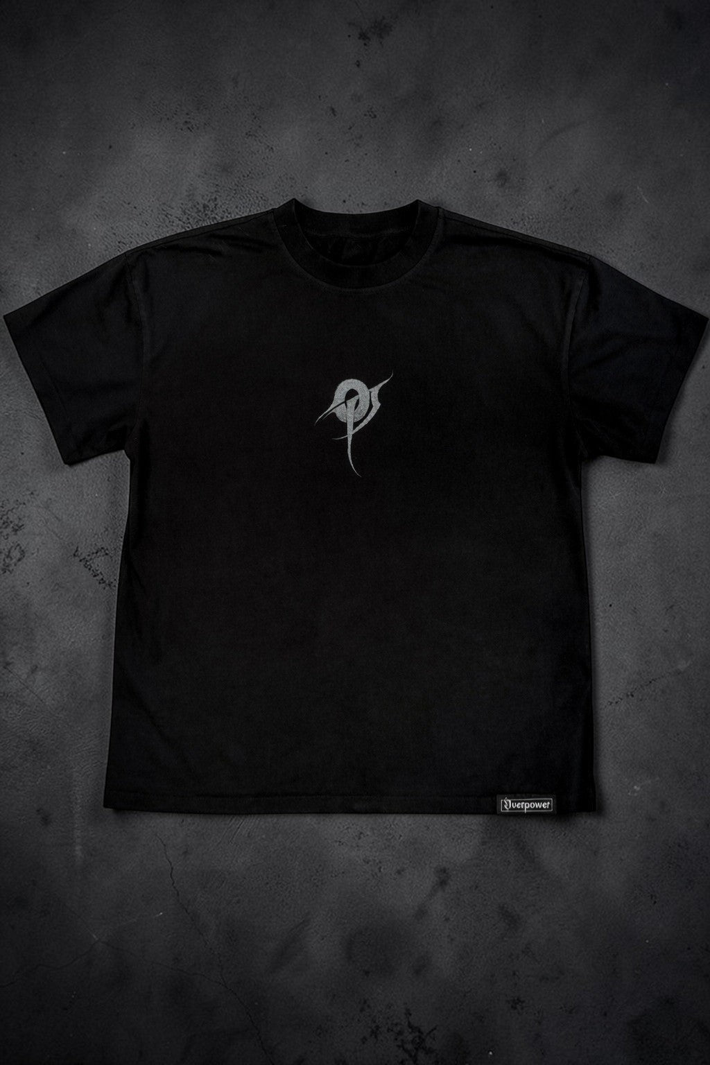OverPower Strength Wear black oversized cotton blend t-shirt with a grey creature graphic and logo tag.