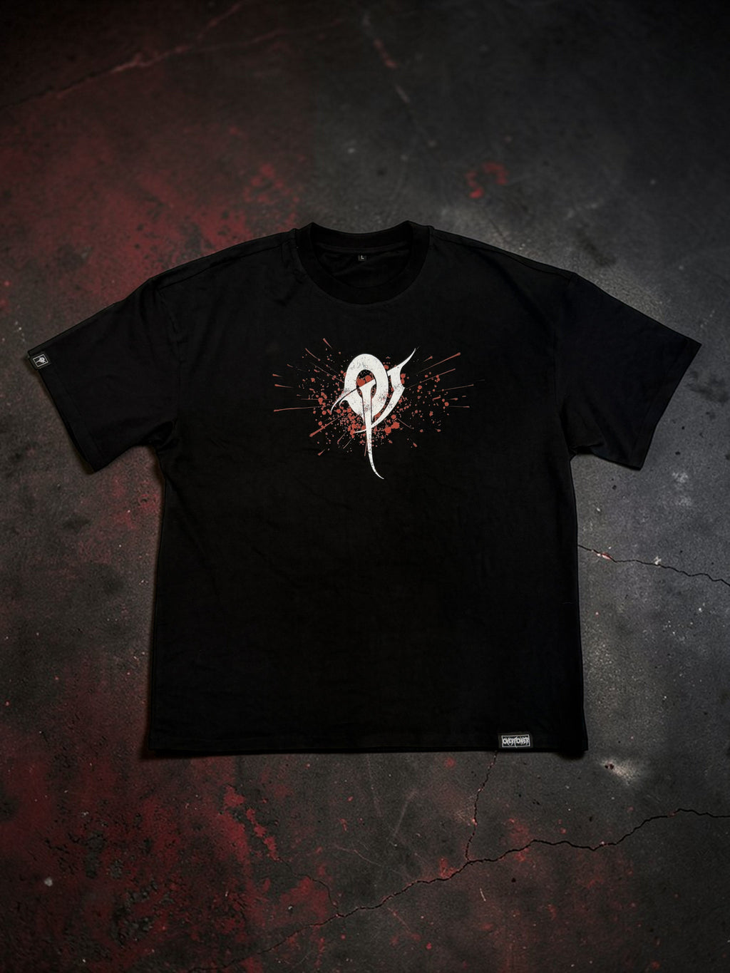 OverPower Strength Wear black oversized cotton blend t-shirt with white and red graphic print. Designed for athletes.