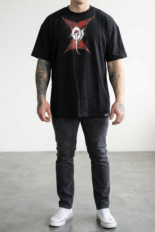 OverPower Strength Wear black oversized heavyweight cotton tee with red and white spider graphic. Unisex fit.