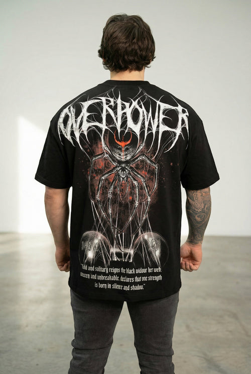 OverPower Strength Wear black oversized heavyweight cotton tee with a graphic of a black widow spider holding a dumbbell.