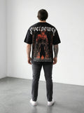 OverPower Strength Wear black oversized graphic tee with Hell's Gate artwork and text. 95% cotton/5% spandex blend.