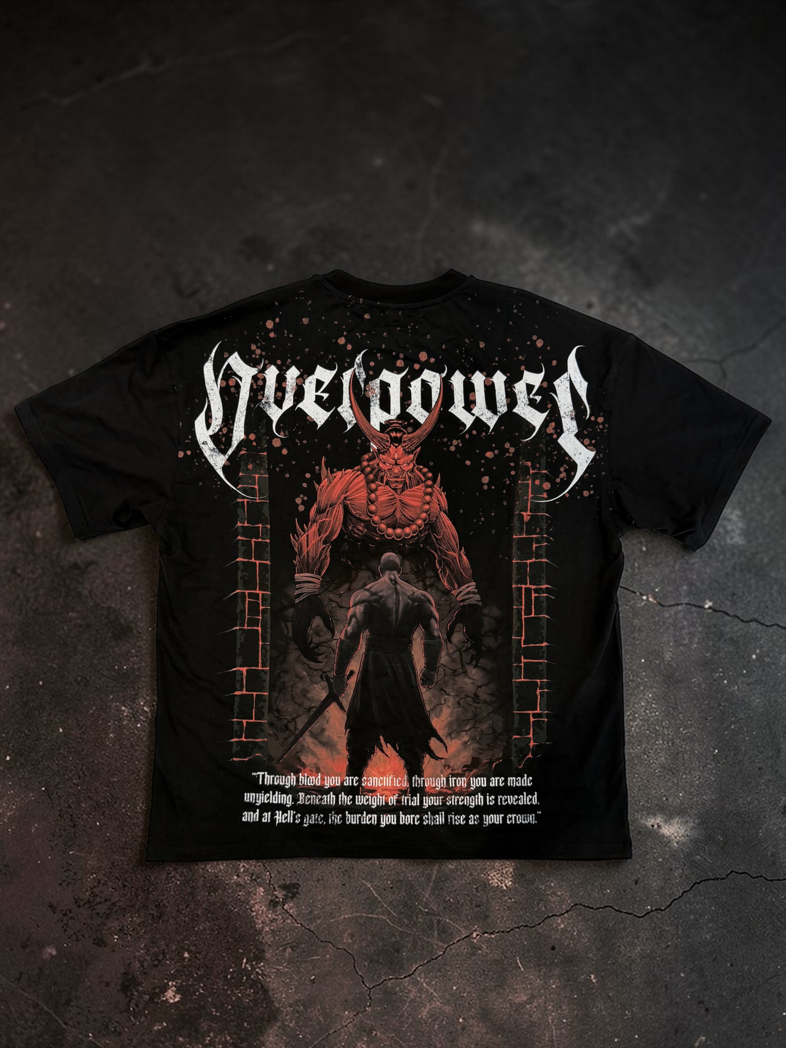 OverPower Strength Wear black oversized graphic tee with Hell's Gate dark fantasy artwork and quote.