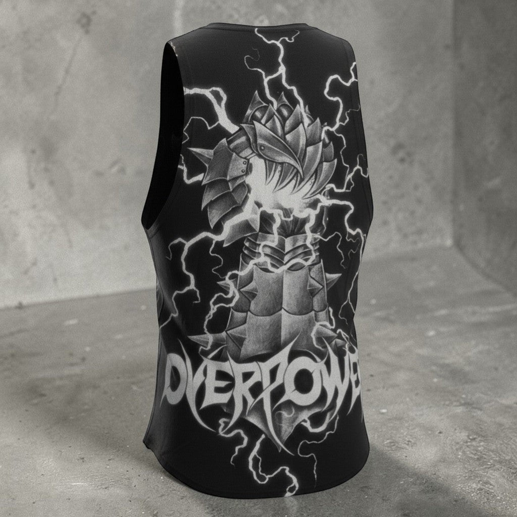 OverPower Strength Wear black tank top with armored gauntlet graphic and lightning design. Athletic cut for mobility.